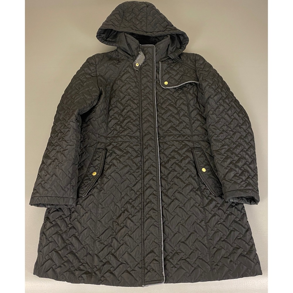 Cole Haan Quilted Puffer Coat Women's‎ XL Black Gold Button Trim Hooded Jacket